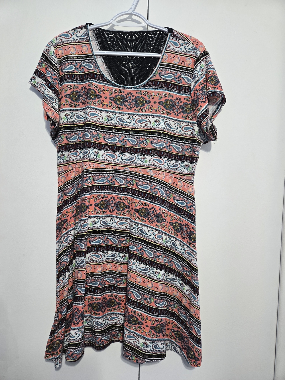 Bobbie Brooks Boho Paisley Swing Dress XL Coral Blue Crochet Neck Short Sleeve
